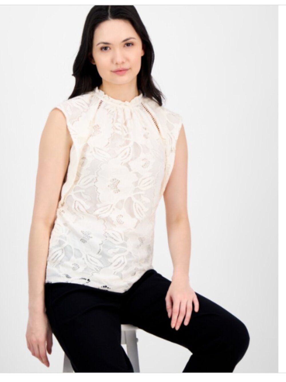 Anne Klein Petite Ruffled-Neck Cap-Sleeve Lace Blouse - White Dove
